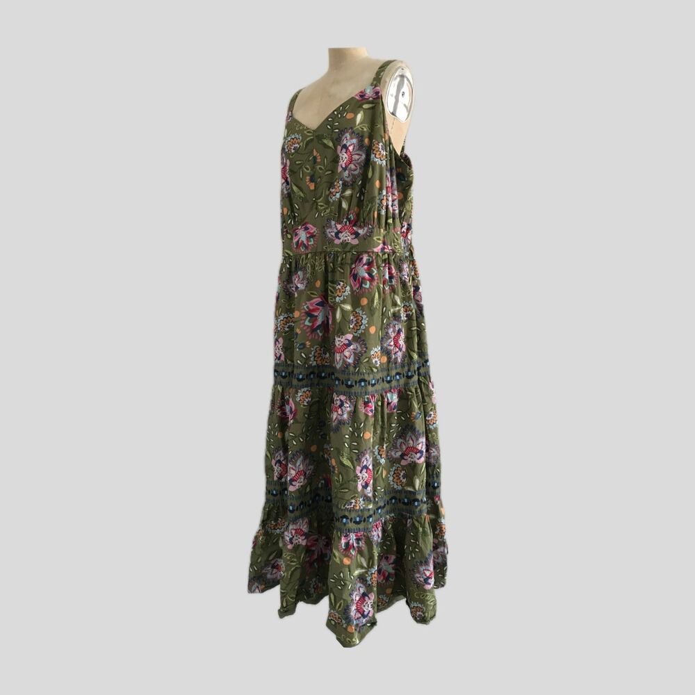 Lane Bryant Olive Green Floral Sleeveless Cotton Summer Maxi Dress Pockets 20